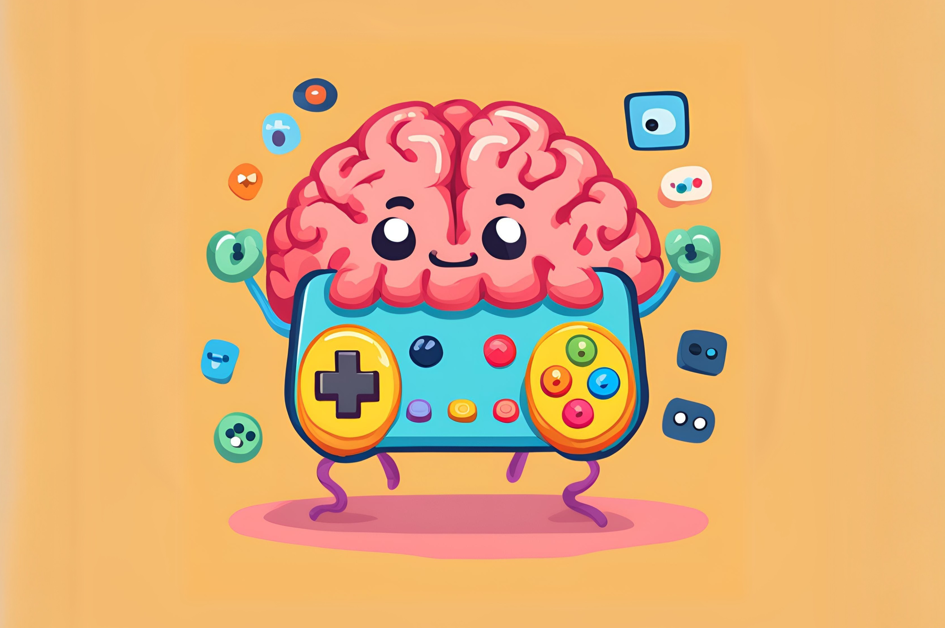 Cute cartoon brain with a video game controller