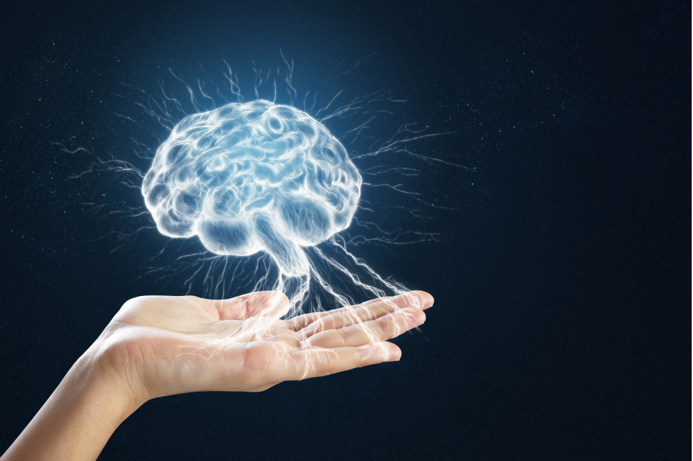 A brain symbol above an open palm