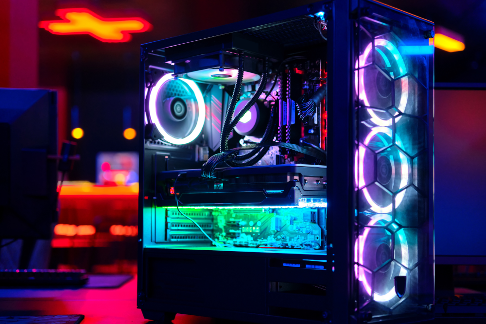 a close-up of a gaming PC setup