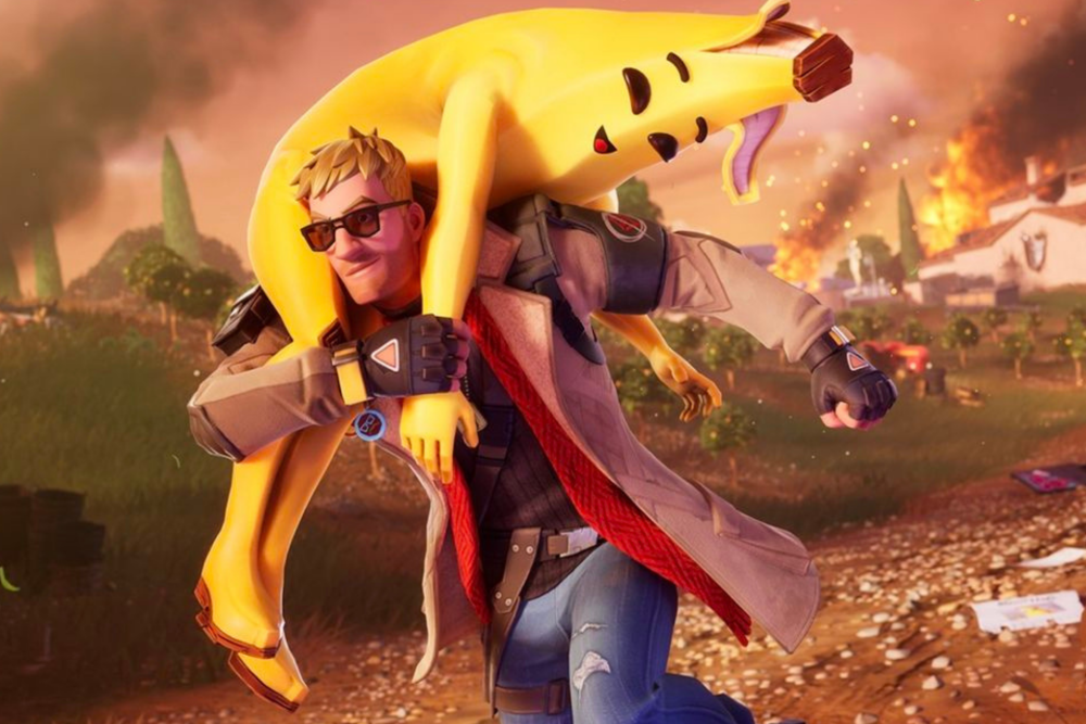 A cool video game character saving a banana character