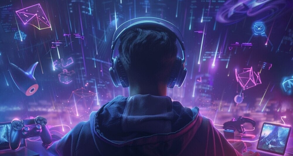 a boy with headphones surrounded by a virtual reality