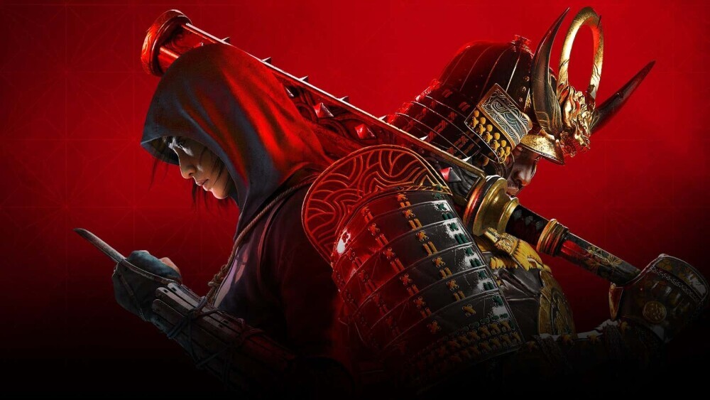 Assassin's Creed Shadows Key Art with red background and two main characters back to back