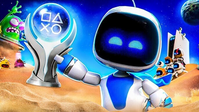 Astro Bot holding PS5 Platinum Trophy
