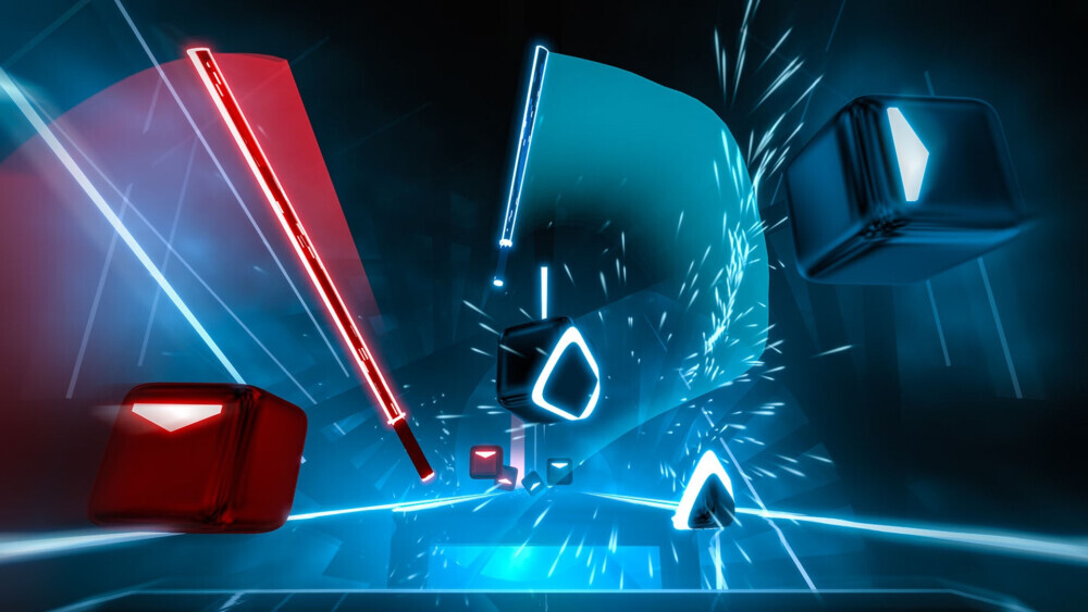 Beat Saber VR gameplay of slashing red and blue music blocks