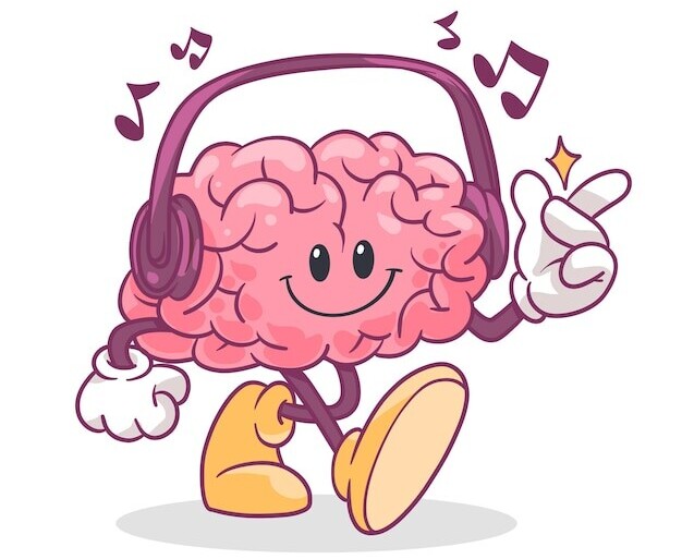Cartoon brain wearing headphones