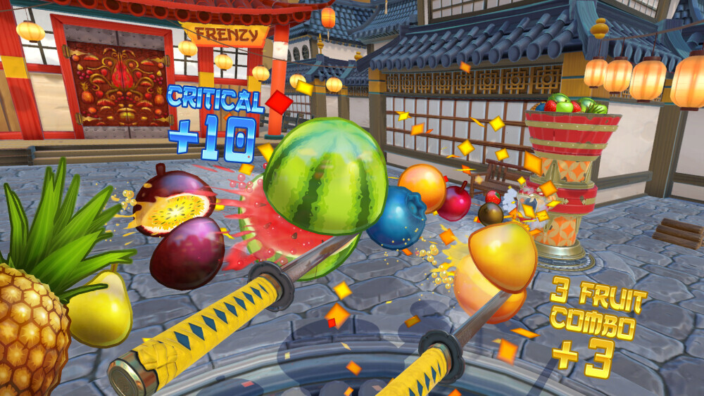 Fruit Ninja VR gameplay of slicing fruits like a watermelon