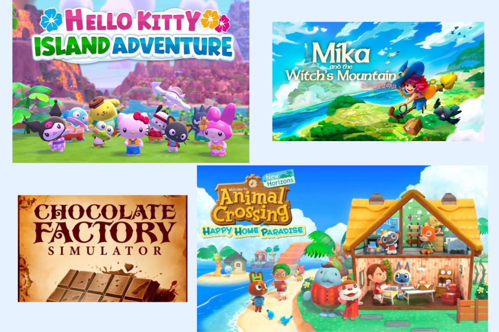 Hello Kitty Island Adventure, Animal Crossing, Mika and the Witch's Mountain, Chocolate Factory Simulator