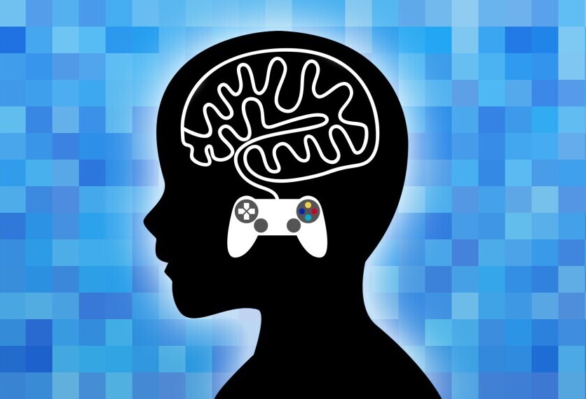 image of a head silhouette with a video game controller inside and the controller cable outlining the shape of the brain