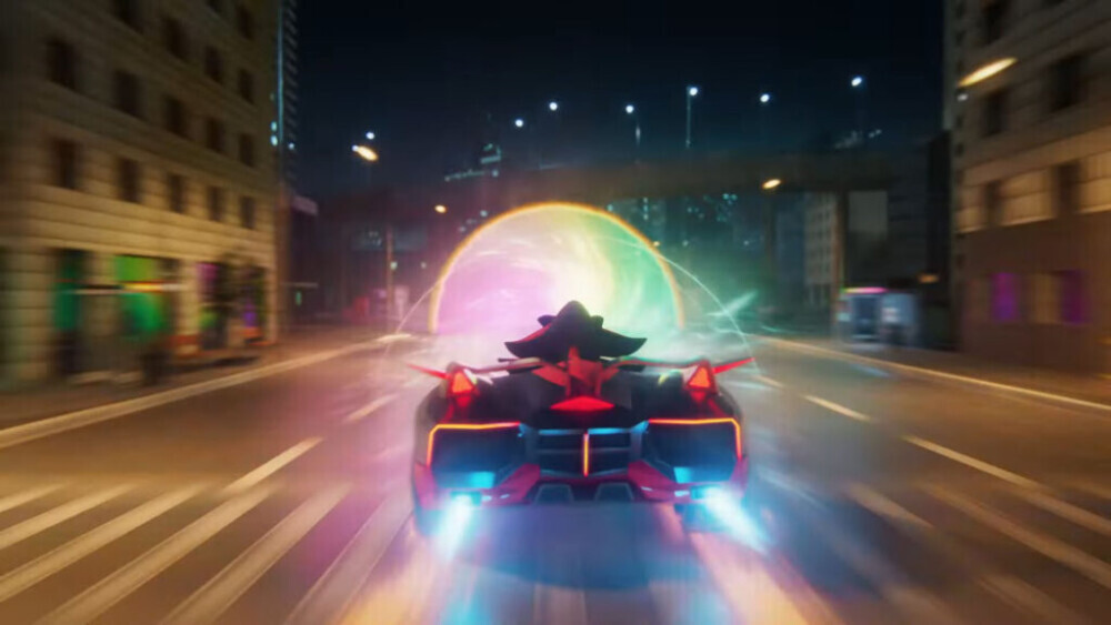 Shadow the Hedgehog driving his black and red car into a rainbow ring portal