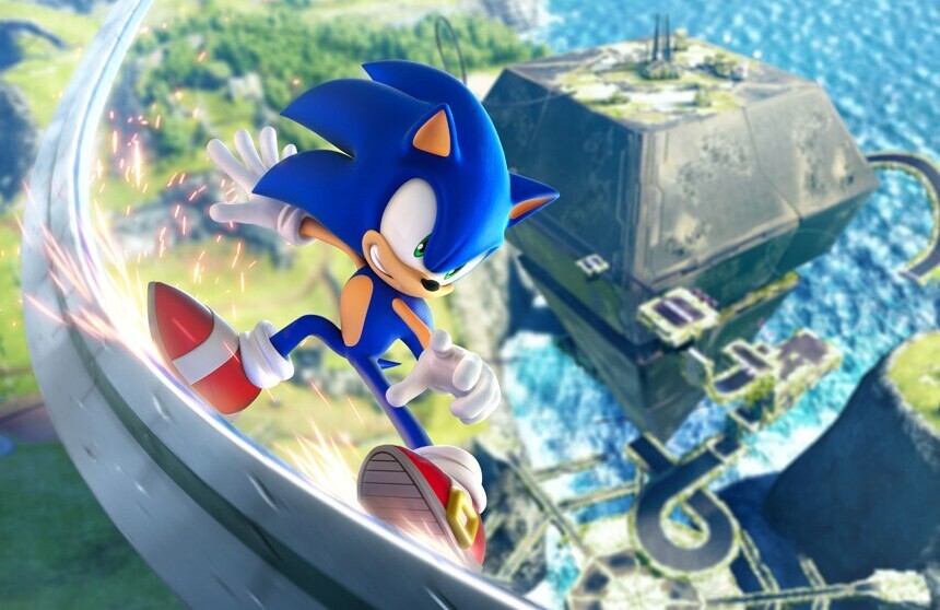 Sonic Frontiers Western Key Art of Sonic on a grind rail