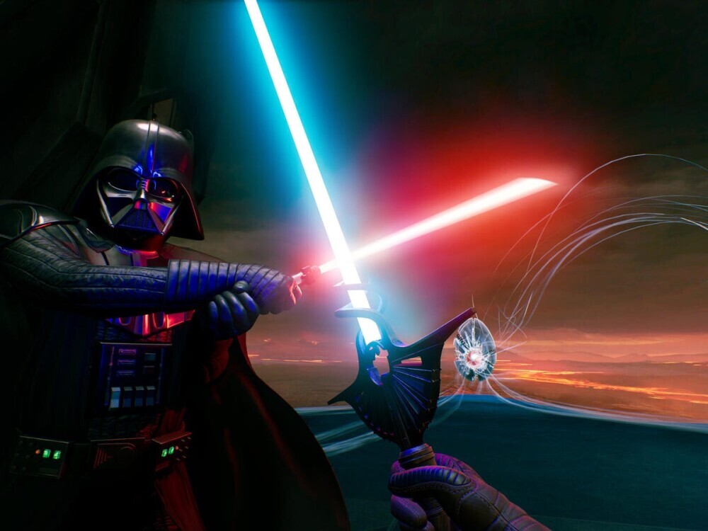 Vader Immortal VR gameplay of the player fighting Darth Vader with a blue lightsaber