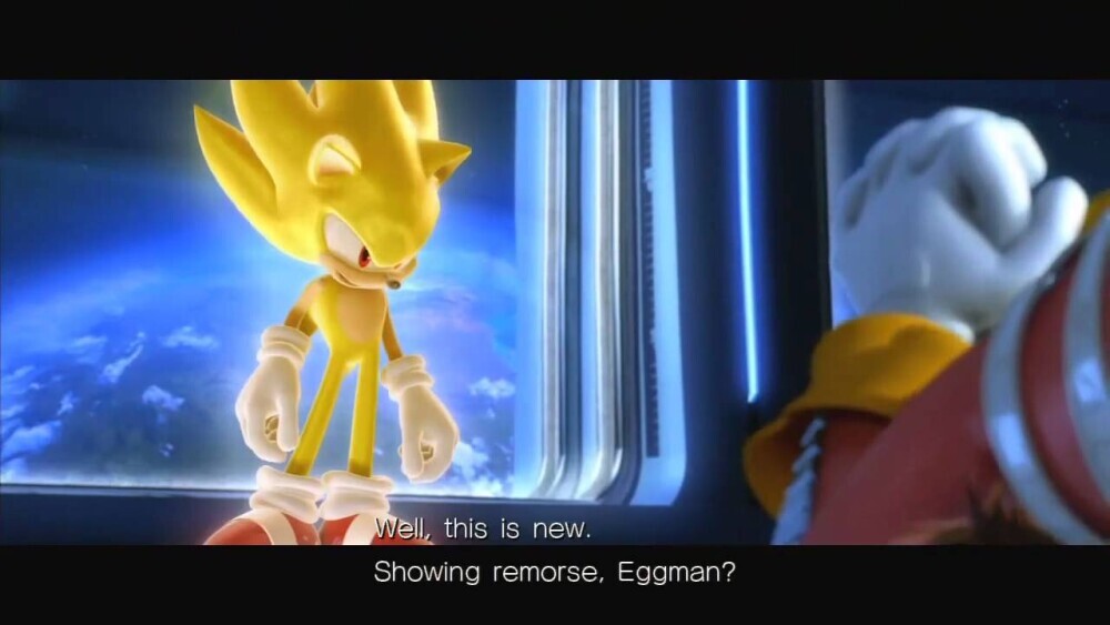 A snapshot of the first cutscene where Super Sonic claims victory over Dr Eggman