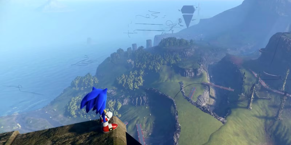 Gameplay from Sonic Frontiers showing Sonic looking over the edge of a cliff side onto a lush green island below