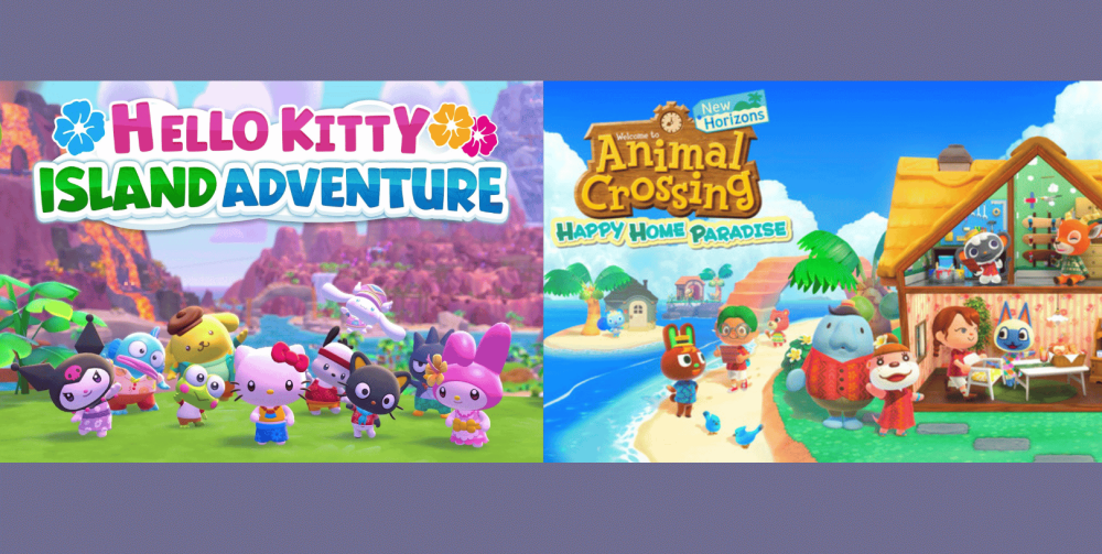 Hello Kitty Island Adventure Key Art on the left and Animal Crossing Key Art on the right