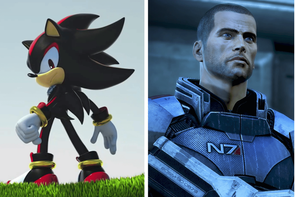 Sonic's Shadow the Hedgehog on the left and Mass Effect's Commander Shepard on the right